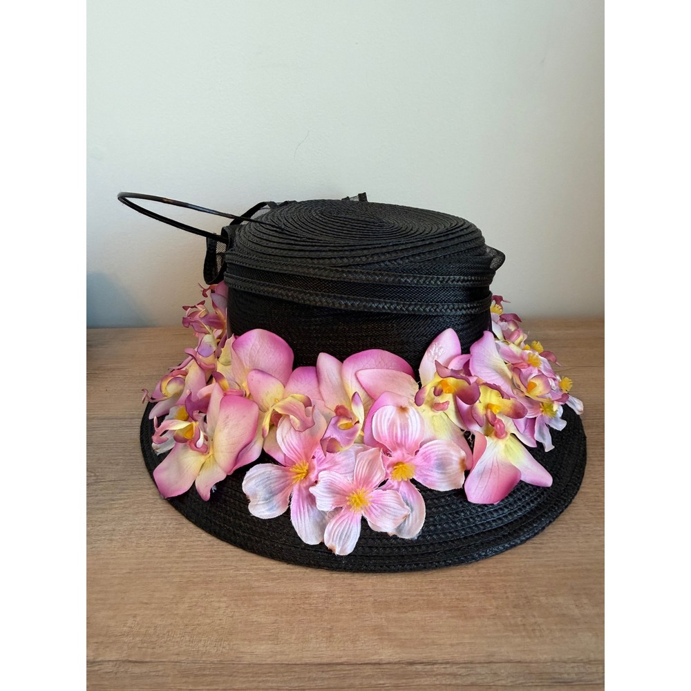 Giovannio New York Black Sun Hat Pink Orchid Floral Mesh Bow Kentucky Derby Hat